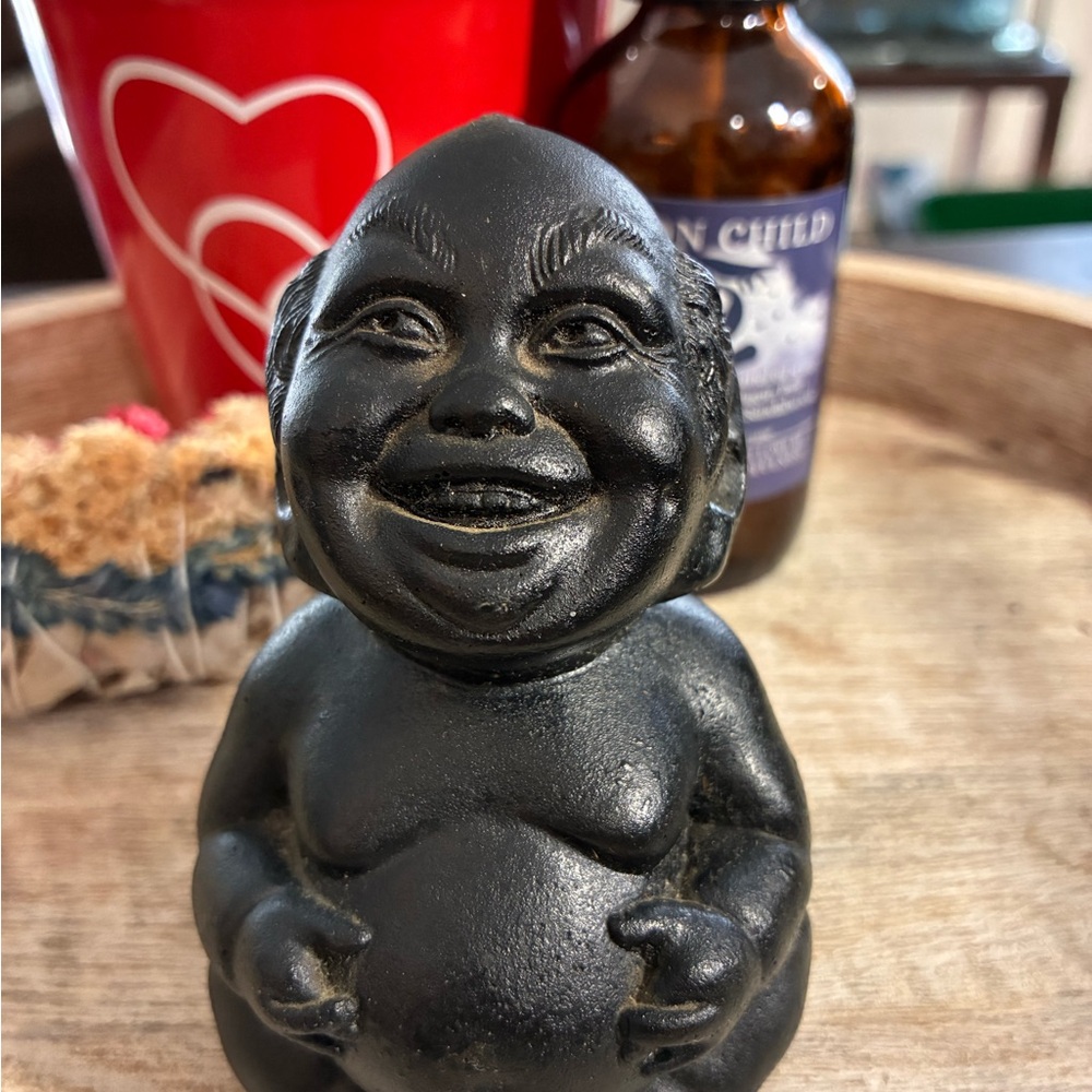 Vintage Hawaiian Laughing Buddha Statue Black Resin Lucky Buddha